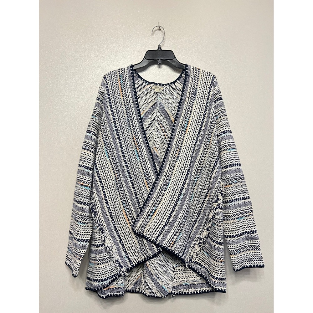 Lucky Brand Womens Navy Blue White Chevron Open Front Textured Knit Cardigan L